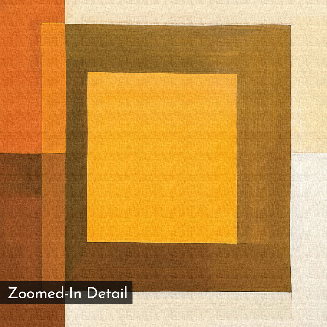 Amber Layers Abstract Canvas Art features geometric shapes in yellow, orange, brown, and off-white. A bold yellow rectangle is framed by brown and overlaps other hues—modern wall art with “Zoomed-In Detail” text in the corner.