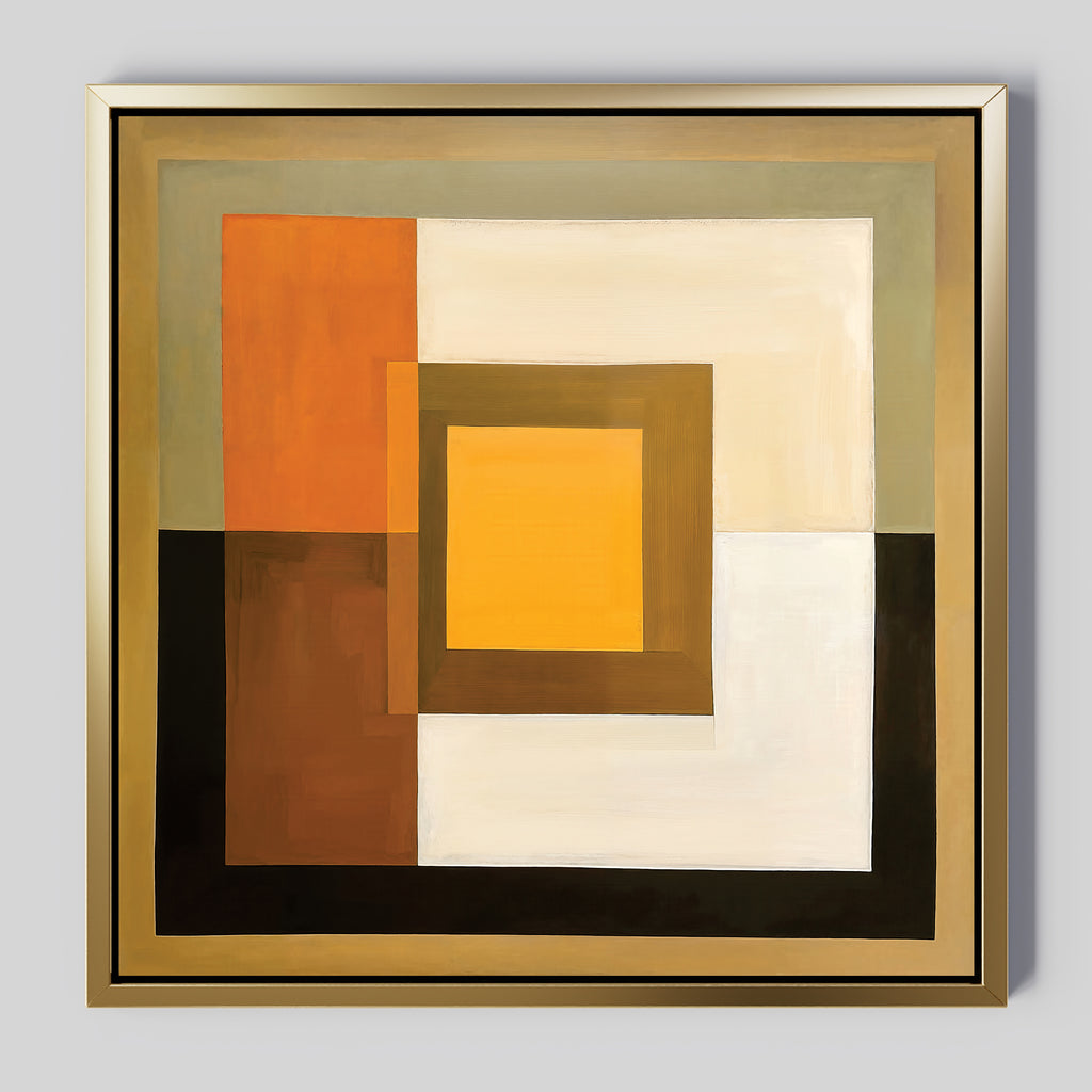 Amber Layers Abstract Canvas Art showcases layered squares and rectangles in yellow, amber, brown, beige, and black. Bold geometric shapes create depth, while a gold border frames this striking large wall art piece.