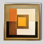 Amber Layers Abstract Canvas Art showcases layered squares and rectangles in yellow, amber, brown, beige, and black. Bold geometric shapes create depth, while a gold border frames this striking large wall art piece.
