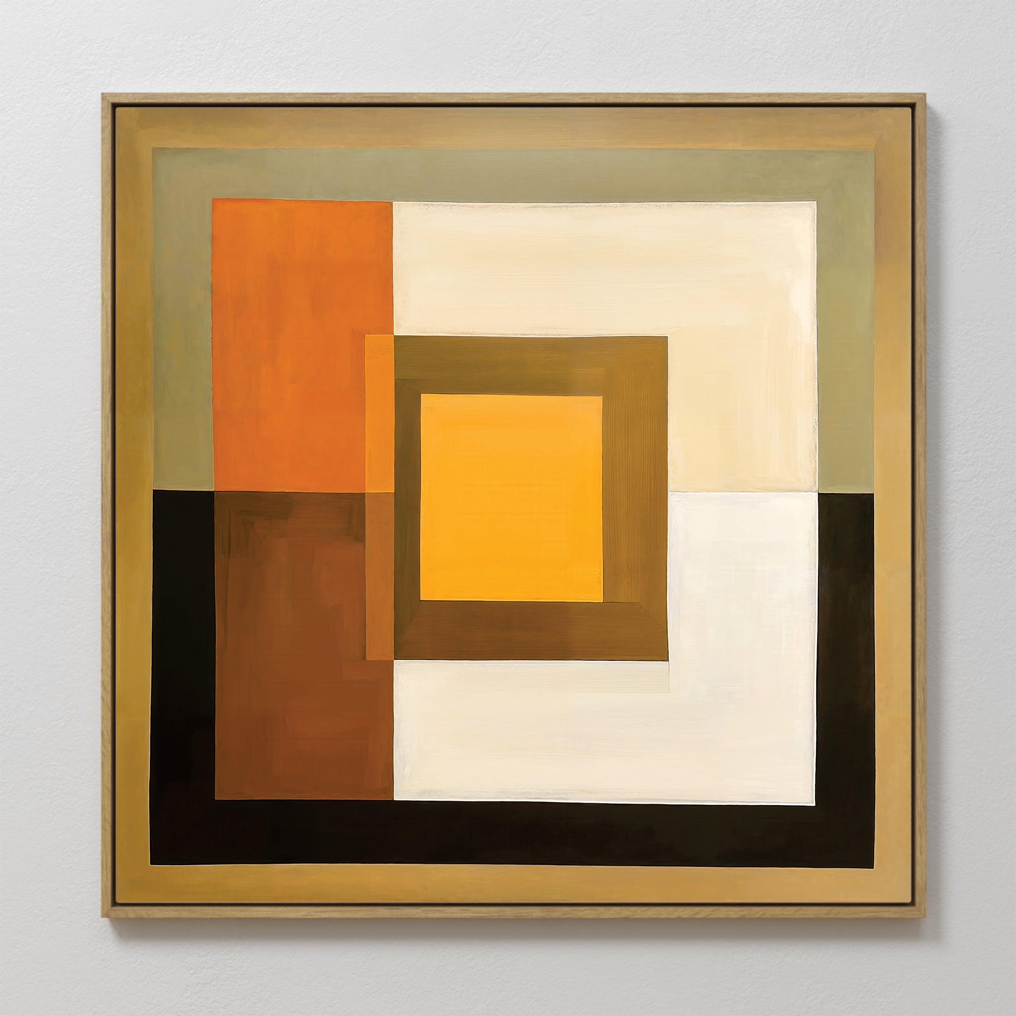 Amber Layers Abstract Canvas Art showcases layered squares and rectangles in warm amber tones of orange, yellow, brown, and beige. This modern wall art adds depth to any space and comes framed in a simple, light wooden frame.