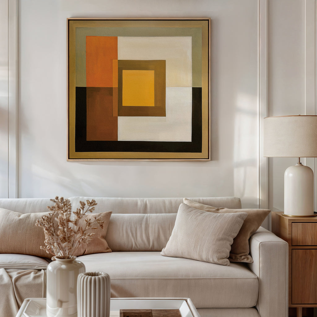 A modern living room with a beige sofa, neutral cushions, a side table with a ceramic lamp, and dried flowers in a vase. Above the sofa hangs the Amber Layers Abstract Canvas Art in soothing earth tones.