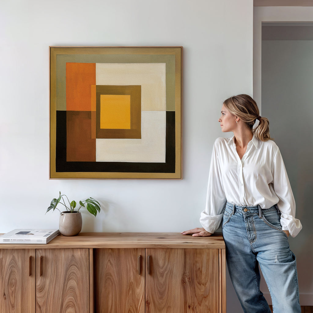 A woman in a white blouse and jeans stands by a wooden cabinet, admiring the Amber Layers Abstract Canvas Art featuring brown, yellow, and orange squares. A small plant and books are arranged on the cabinet below the artwork.