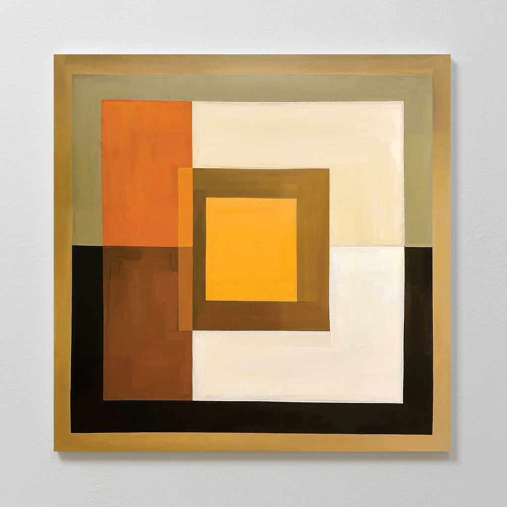 Amber Layers Abstract Canvas Art features overlapping squares and rectangles in brown, amber, orange, yellow, beige, and black for a modern geometric effect—perfect for adding depth to any white wall.