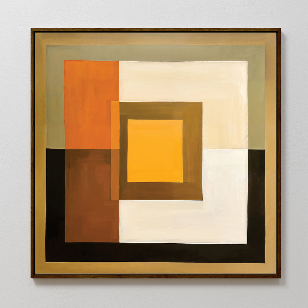 The Amber Layers Abstract Canvas Art showcases layered geometric squares and rectangles in amber, brown, orange, yellow, cream, and white. Symmetrical and large, this framed artwork is displayed on a light-colored wall.