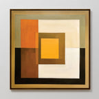 The Amber Layers Abstract Canvas Art showcases layered geometric squares and rectangles in amber, brown, orange, yellow, cream, and white. Symmetrical and large, this framed artwork is displayed on a light-colored wall.