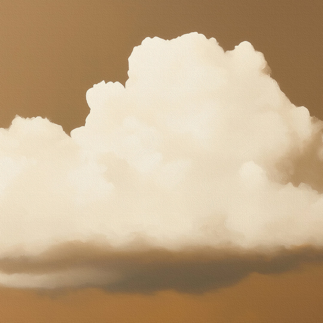 The Amber Sky Cloud Canvas Art features a large, fluffy white cloud against a warm amber sky, creating a soft, dreamy look that adds modern minimalist charm to any bedroom decor.