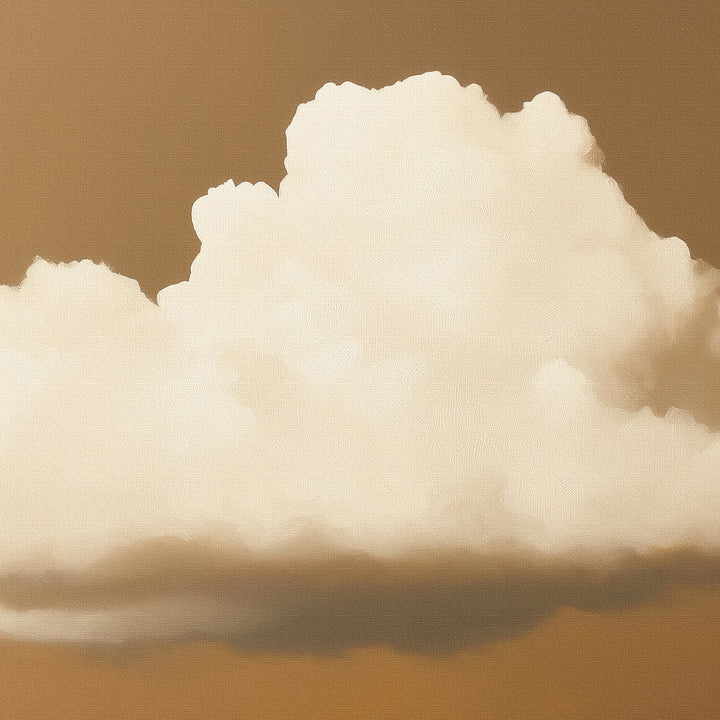 The Amber Sky Cloud Canvas Art features a large, fluffy white cloud against a warm amber sky, creating a soft, dreamy look that adds modern minimalist charm to any bedroom decor.