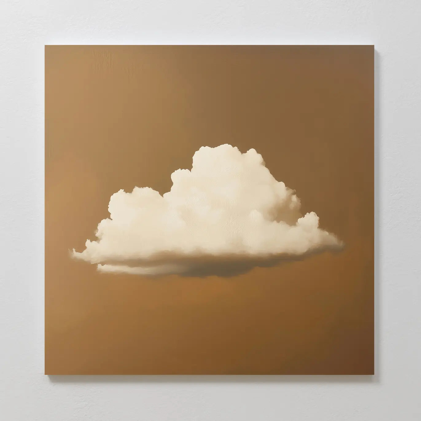 Amber Sky Cloud Canvas Art features a realistic fluffy white cloud centered on a smooth, warm brown background. This minimalist square wall art adds calming bedroom decor to any space.