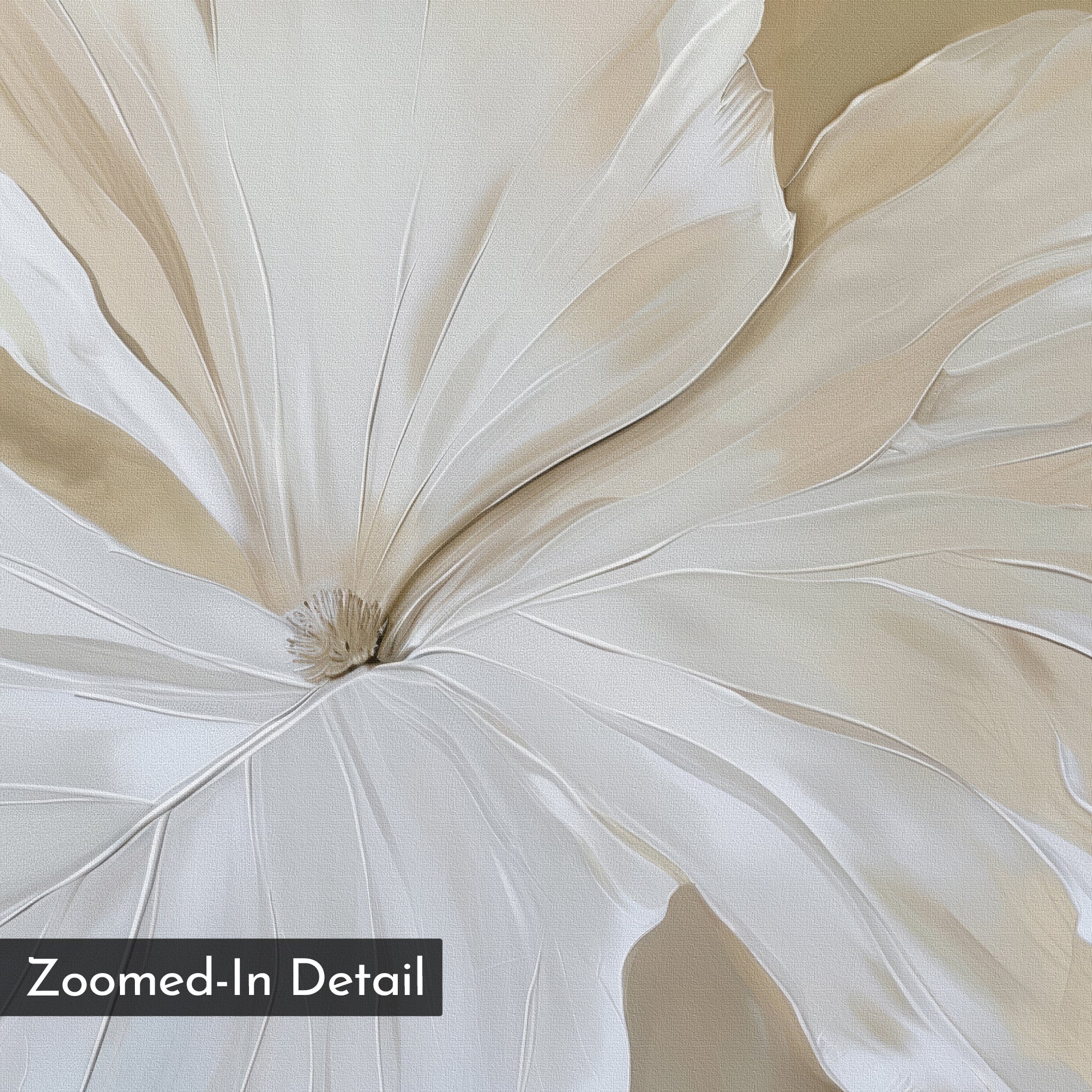 A close-up of textured beige and white petals from the Aqua Flora Abstract Canvas Art, perfect minimalist wall décor with fine lines, soft gradients, and “Zoomed-In Detail” labeled at the lower left corner.