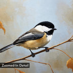 A close-up of a black-capped chickadee on an autumn branch with soft brown leaves and a light blue backdrop. Featuring detailed feathers and labeled "Zoomed-In Detail," the Autumn Branch Canvas Art is perfect for wall display.