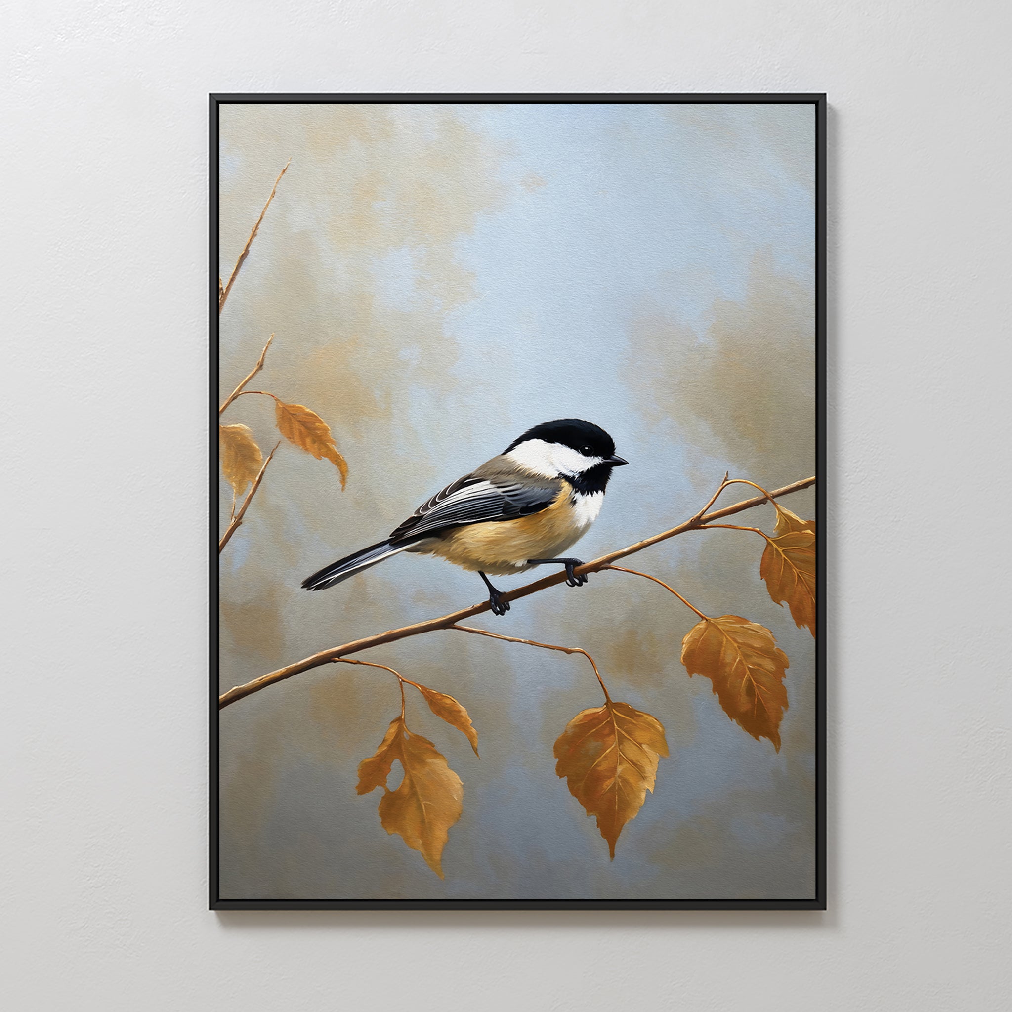 The Autumn Branch Canvas Art features a black-capped chickadee on an autumn branch with brown leaves, set against a soft blue and beige cloudy background, beautifully displayed on a light-colored wall.
