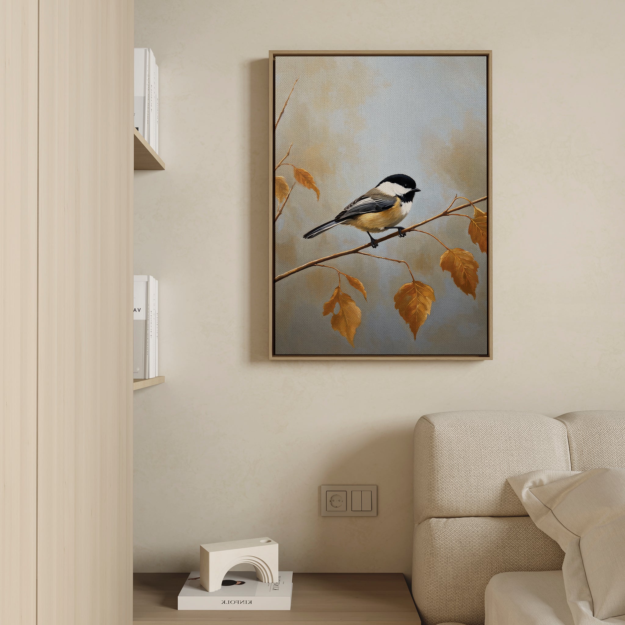 The Autumn Branch Canvas Art, featuring a bird on an autumn branch, hangs above a light sofa in this Nordic Park-inspired minimalist living room, while a small white house-shaped decor piece rests on a nearby shelf.