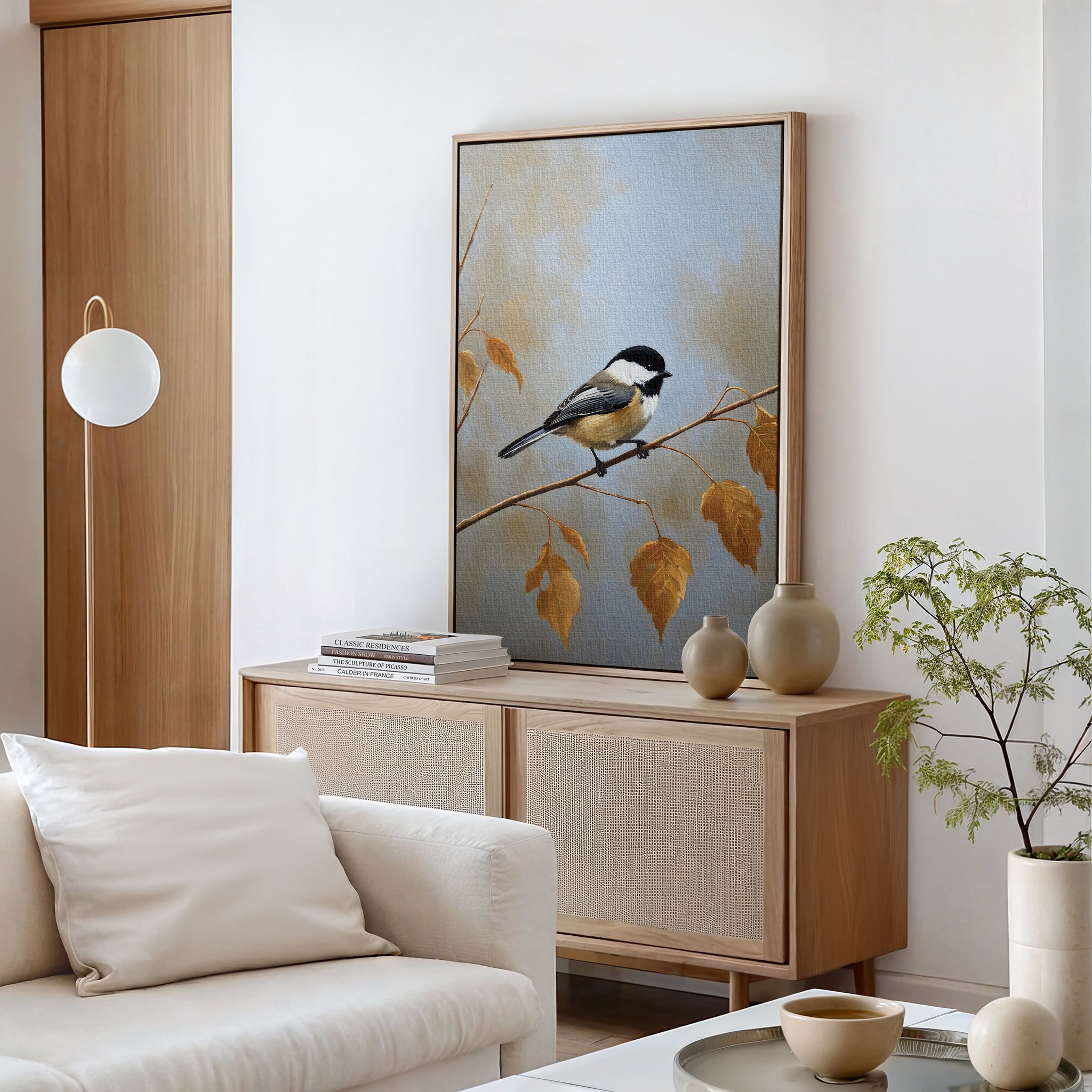 A modern, minimalist living room showcases the Autumn Branch Canvas Art—a Nordic Park-inspired chickadee perched on autumn branches above a light wood sideboard—accented by neutral tones, a white couch, ceramic vases, and a small potted plant.