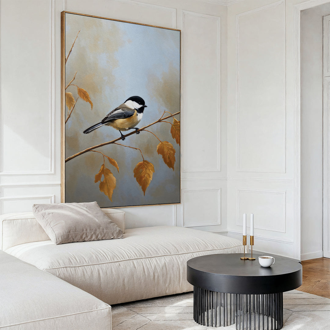 A modern living room featuring a white sectional sofa, light throw pillows, a round black coffee table with candles and a cup, and the Autumn Branch Canvas Art inspired by Nordic Park hanging on the wall.