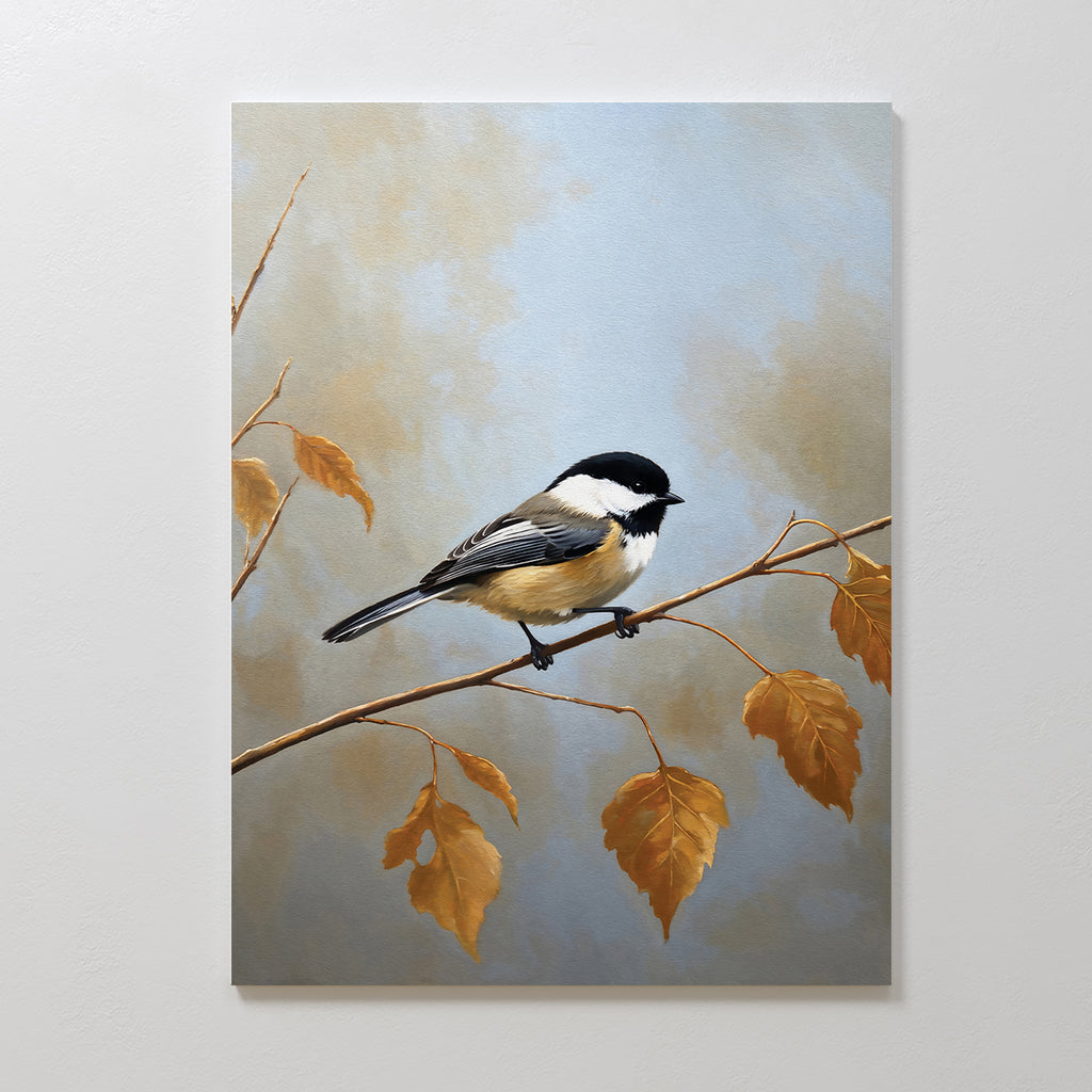 Autumn Branch Canvas Art features a small black-capped chickadee perched on an autumn branch with yellow-orange leaves, set against a soft, blurred background—an ideal wall art print to add Nordic Park tranquility to any room.