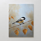 Autumn Branch Canvas Art features a small black-capped chickadee perched on an autumn branch with yellow-orange leaves, set against a soft, blurred background—an ideal wall art print to add Nordic Park tranquility to any room.