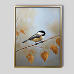 The Autumn Branch Canvas Art features a small bird with a black cap and white cheeks perched on an autumn branch with brown and gold leaves, set against a soft blue and beige background.
