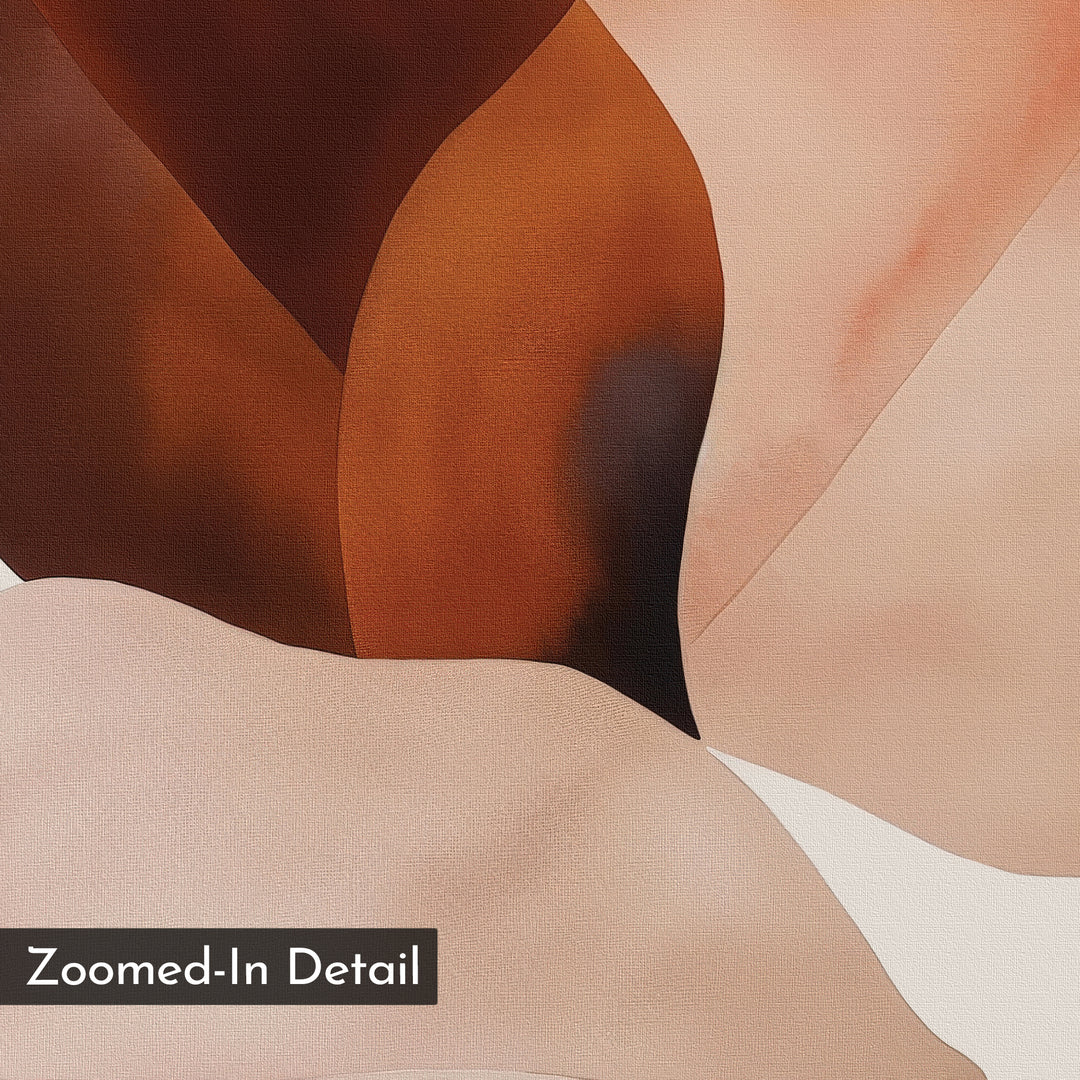 Autumn Petals Canvas Art features overlapping organic shapes in brown, beige, and peach with a soft painterly texture, ideal for minimalist wall decor. A "Zoomed-In Detail" label appears in the corner.