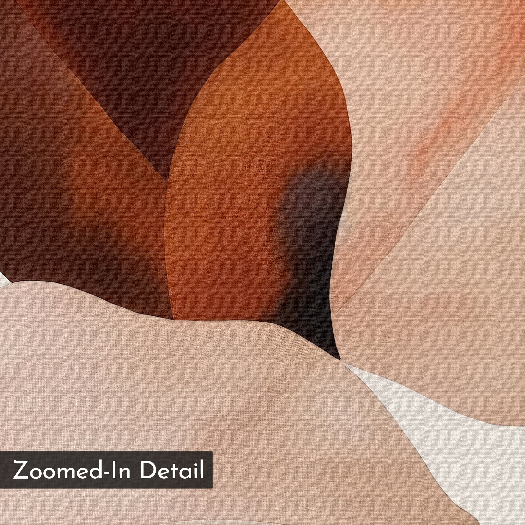 Autumn Petals Canvas Art features overlapping organic shapes in brown, beige, and peach with a soft painterly texture, ideal for minimalist wall decor. A "Zoomed-In Detail" label appears in the corner.