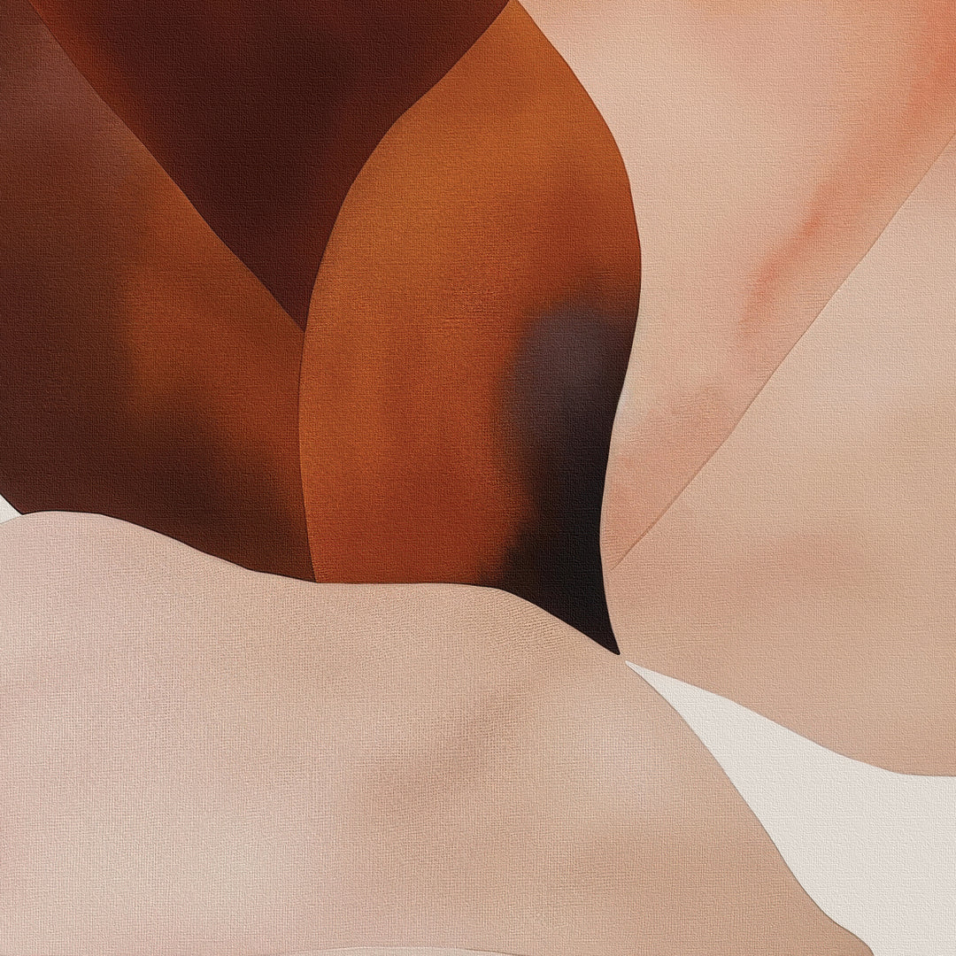 Autumn Plains Abstract Canvas Art features overlapping organic shapes in warm brown, beige, and peach. Soft blending and gentle curves make it perfect minimalist wall art for a calming space inspired by Nordic Park tranquility.