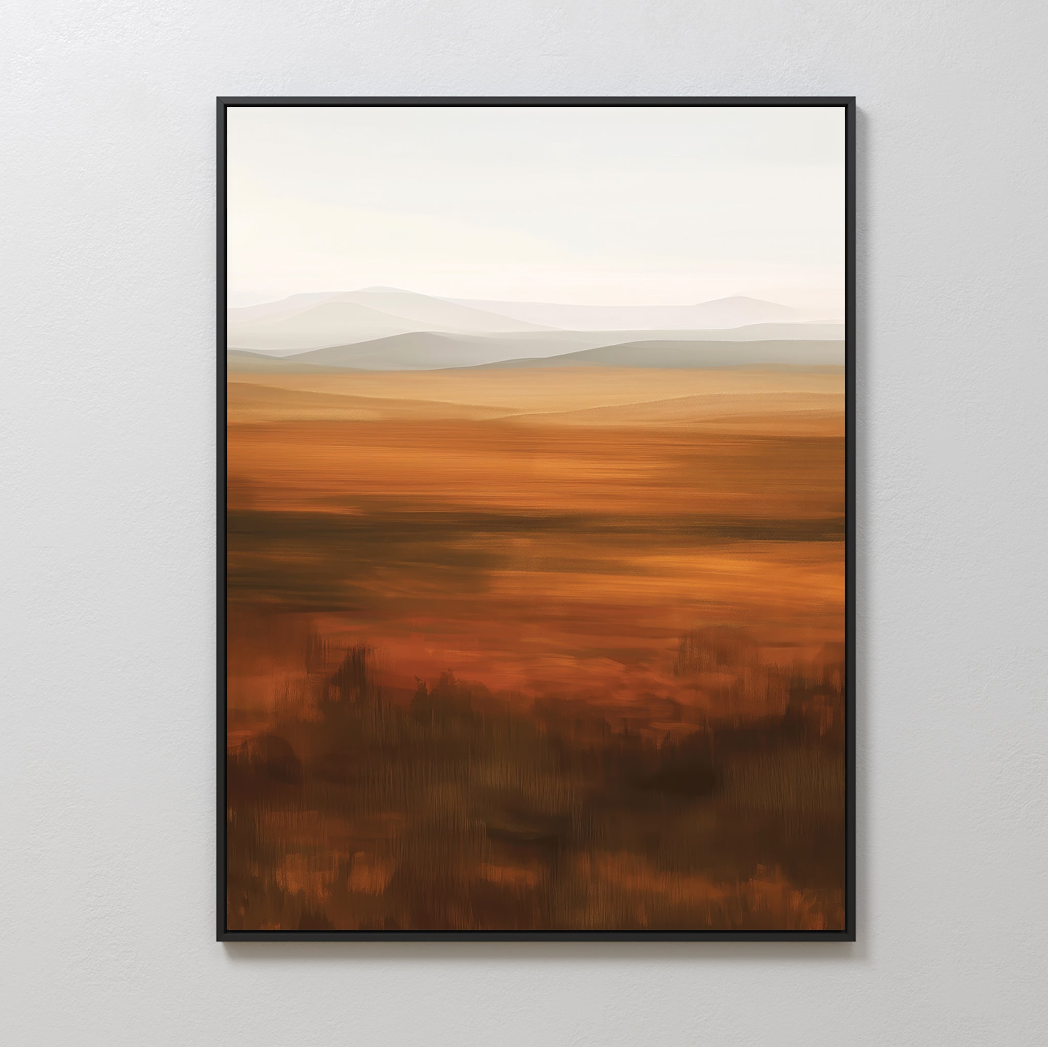 Autumn Plains Abstract Canvas Art features warm brown and orange tones with a blurred landscape and blue-gray hills under a pale sky, bringing a serene autumn vibe to any light-colored wall.