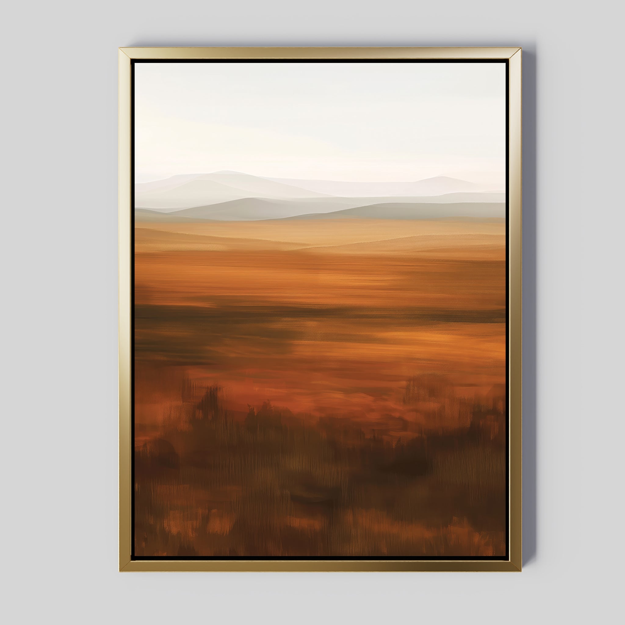 The Autumn Plains Abstract Canvas Art features a framed minimalist design with soft brown, orange, and beige tones, depicting rolling hills and a hazy horizon beneath a pale sky.