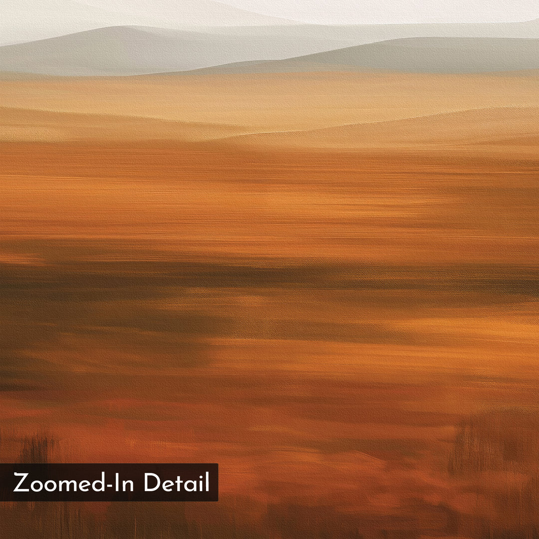 Autumn Plains Abstract Canvas Art features warm orange, brown, and beige bands like a desert landscape with soft hills. Minimalist wall art includes white "Zoomed-In Detail" text in the bottom left corner.