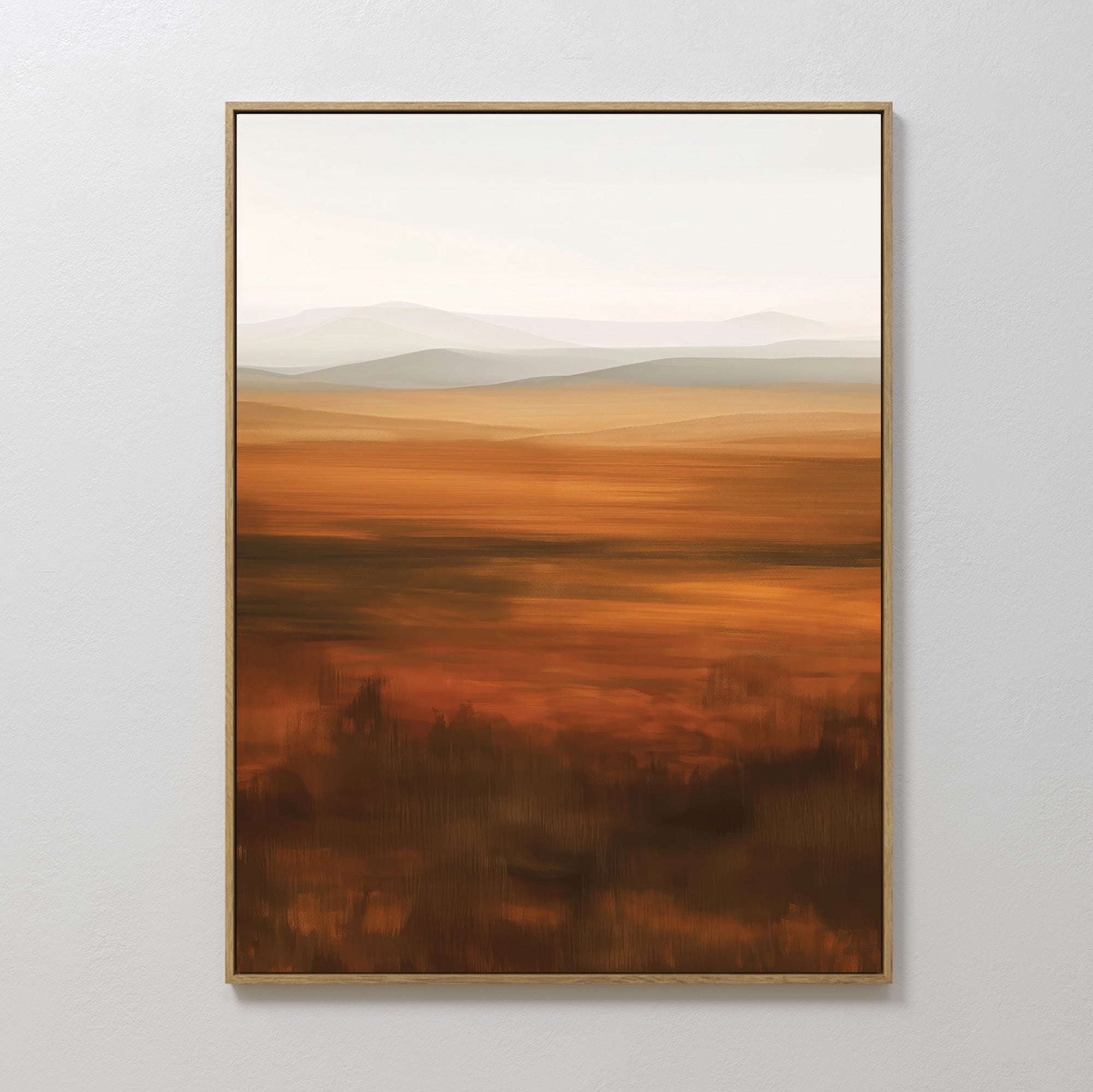 The Autumn Plains Abstract Canvas Art features a calm landscape with soft brown and orange tones fading into light blue and beige mountains and sky for a soothing, abstract autumn wall art effect.