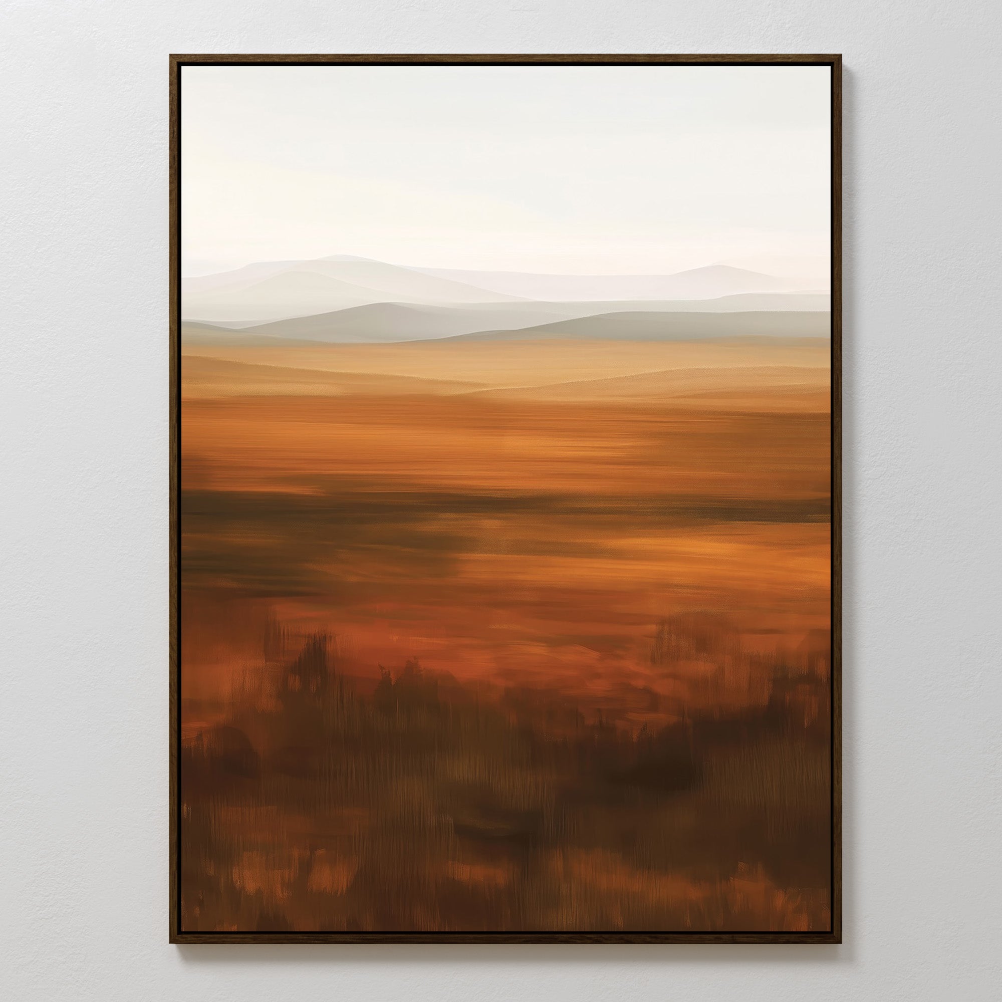 The Autumn Plains Abstract Canvas Art features a warm, earthy landscape in brown, orange, and beige tones with misty mountains under a pale sky—a serene minimalist wall art piece for a tranquil space.
