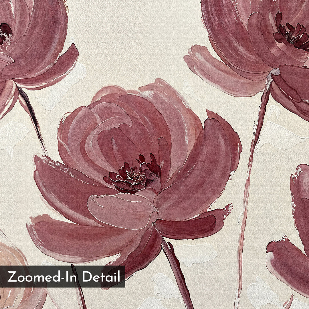 A close-up of Autumn Rose Canvas Art shows large, textured maroon flowers with visible brush strokes on a light cream background. Ideal as floral wall art, it features a "Zoomed-In Detail" label in the corner.