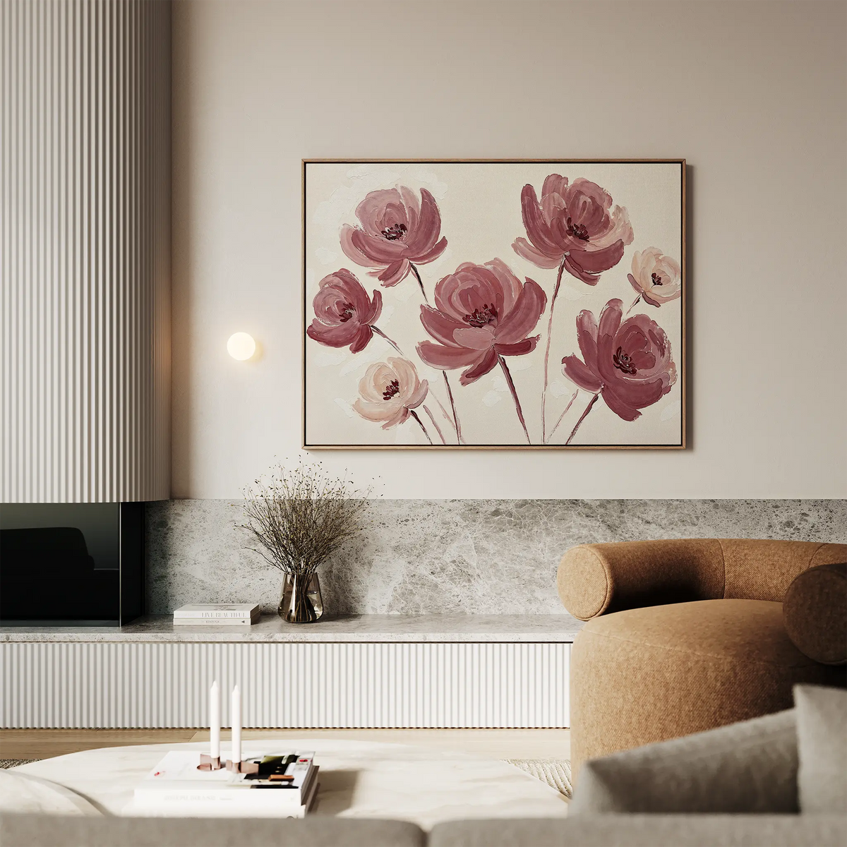 A modern living room with a neutral palette features a beige armchair, marble shelf with dried flowers, candles on the table, and the Autumn Rose Canvas Art as striking floral wall decor.