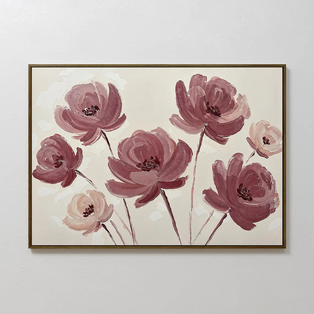 Autumn Rose Canvas Art features seven pink and mauve flowers with long stems on a light beige background in an impressionist brushstroke style, making it the perfect floral wall art to enhance your living room decor.