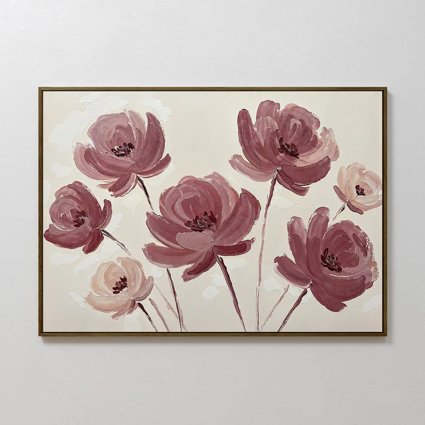 Autumn Rose Canvas Art features seven pink and mauve flowers with long stems on a light beige background in an impressionist brushstroke style, making it the perfect floral wall art to enhance your living room decor.