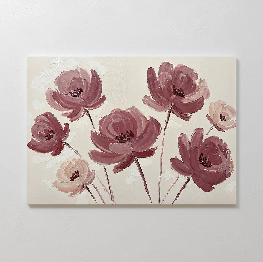 The Autumn Rose Canvas Art showcases seven large, pinkish-purple flowers with dark centers on slender stems set against a light beige background in a loose, impressionistic style—ideal floral wall art for your living room decor.