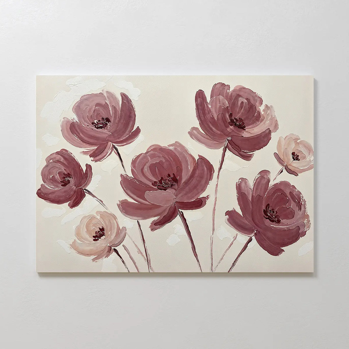 The Autumn Rose Canvas Art showcases seven large, pinkish-purple flowers with dark centers on slender stems set against a light beige background in a loose, impressionistic style—ideal floral wall art for your living room decor.
