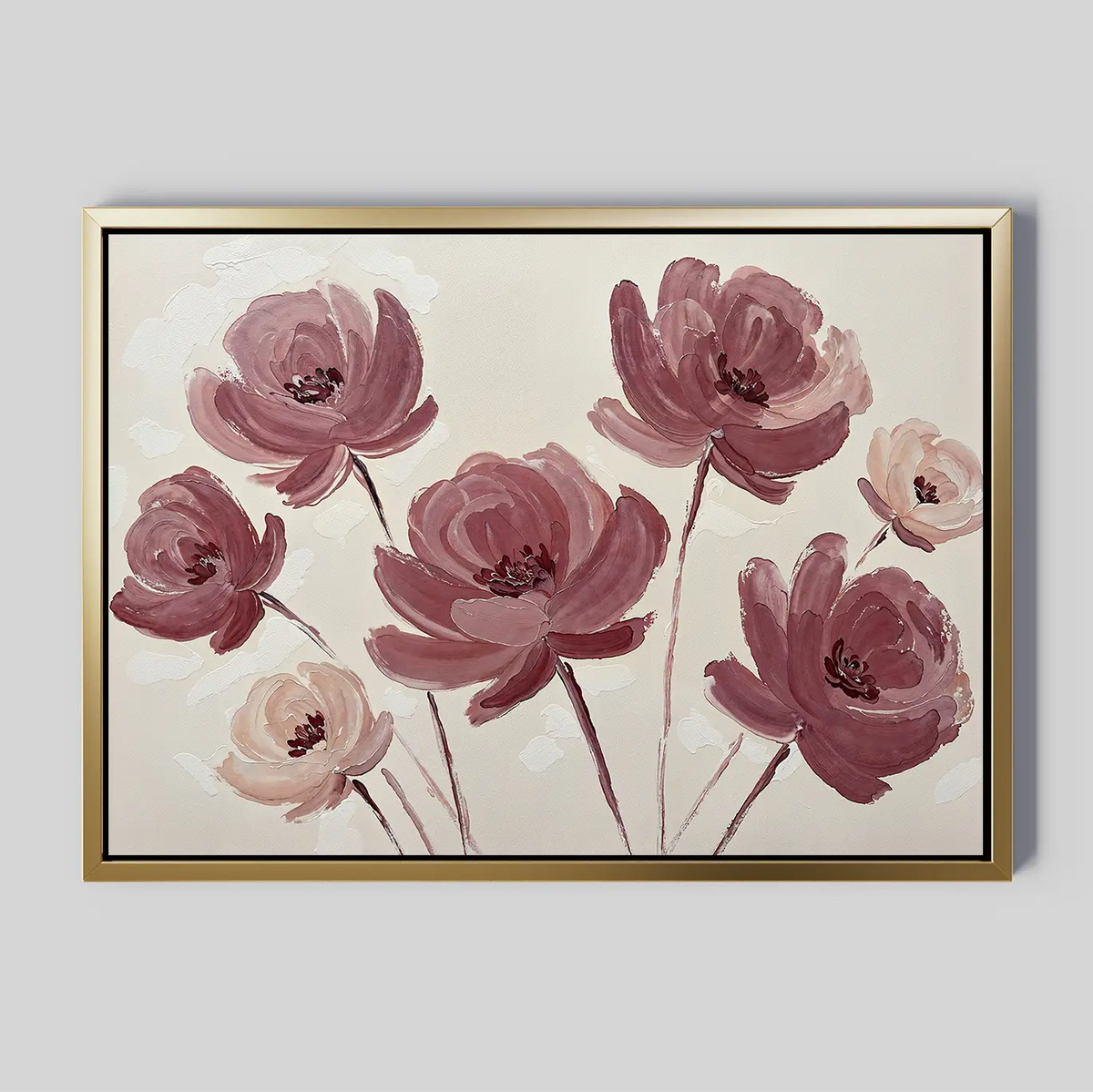 Autumn Rose Canvas Art features seven large pink and burgundy blooms with long stems on a light beige background. Set in a simple gold frame, this floral artwork adds elegance to any living room decor.