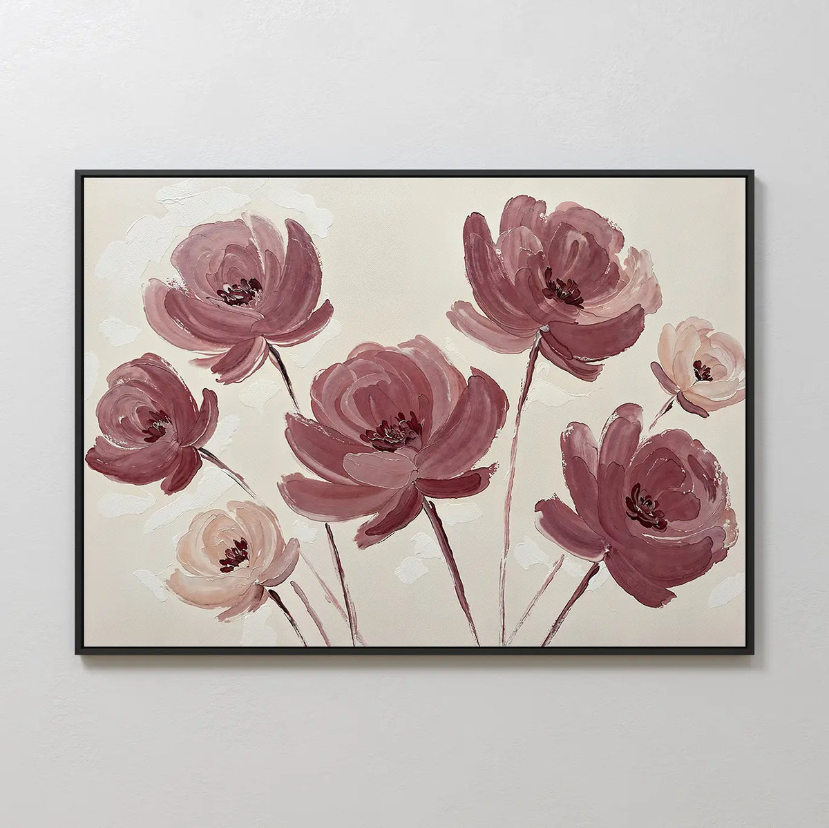 The Autumn Rose Canvas Art features seven large blush pink and burgundy flowers with soft petals and long stems on a light beige background—perfect floral wall art to enhance your living room decor.