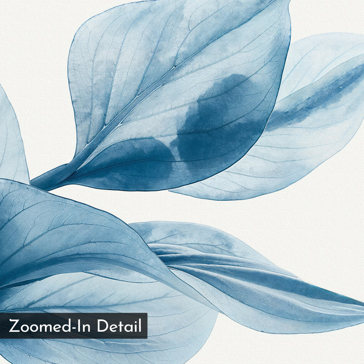 Close-up of three translucent blue leaves with detailed veins overlap on white in the Azure Foliage Abstract Canvas Art, ideal minimalist wall decor for living rooms. "Zoomed-In Detail" label appears in the bottom left corner.