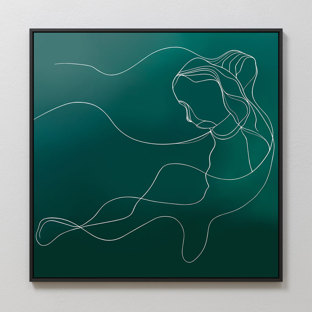 The Azure Silhouette Abstract Canvas Art showcases a continuous white line forming a womans profile with flowing hair on a dark green backdrop, framed in black—ideal minimalist wall decor for modern living rooms.