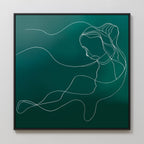 The Azure Silhouette Abstract Canvas Art showcases a continuous white line forming a womans profile with flowing hair on a dark green backdrop, framed in black—ideal minimalist wall decor for modern living rooms.