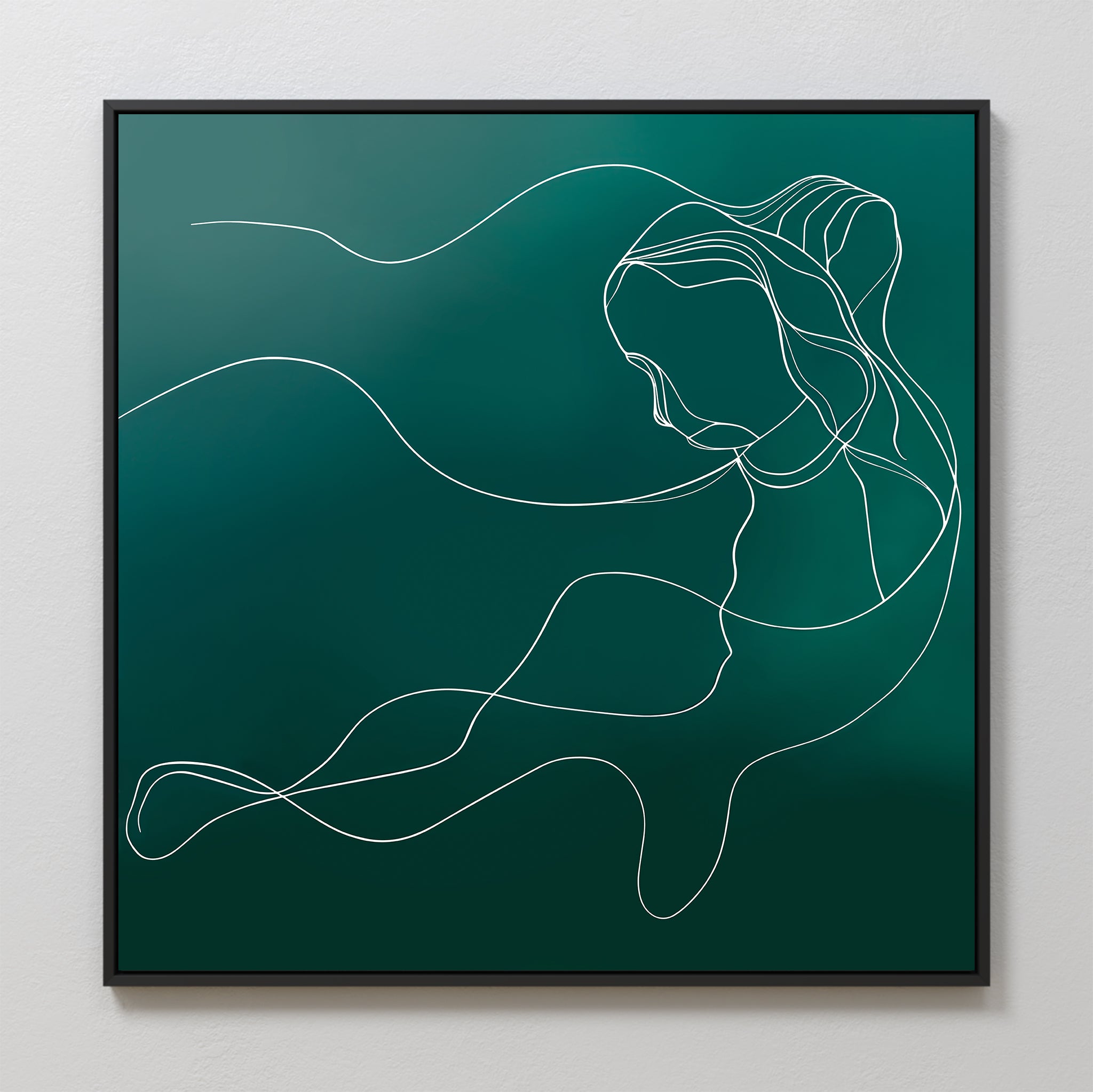The Azure Silhouette Abstract Canvas Art showcases a continuous white line forming a womans profile with flowing hair on a dark green backdrop, framed in black—ideal minimalist wall decor for modern living rooms.