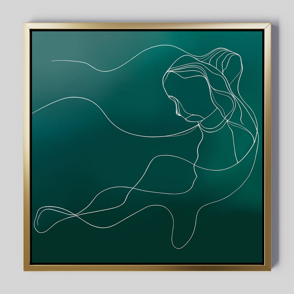The Azure Silhouette Abstract Canvas Art features a minimalist white line drawing of a woman with flowing hair on a green background, framed in gold—an elegant, modern piece perfect for minimalist living room wall decor.
