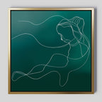 The Azure Silhouette Abstract Canvas Art features a minimalist white line drawing of a woman with flowing hair on a green background, framed in gold—an elegant, modern piece perfect for minimalist living room wall decor.