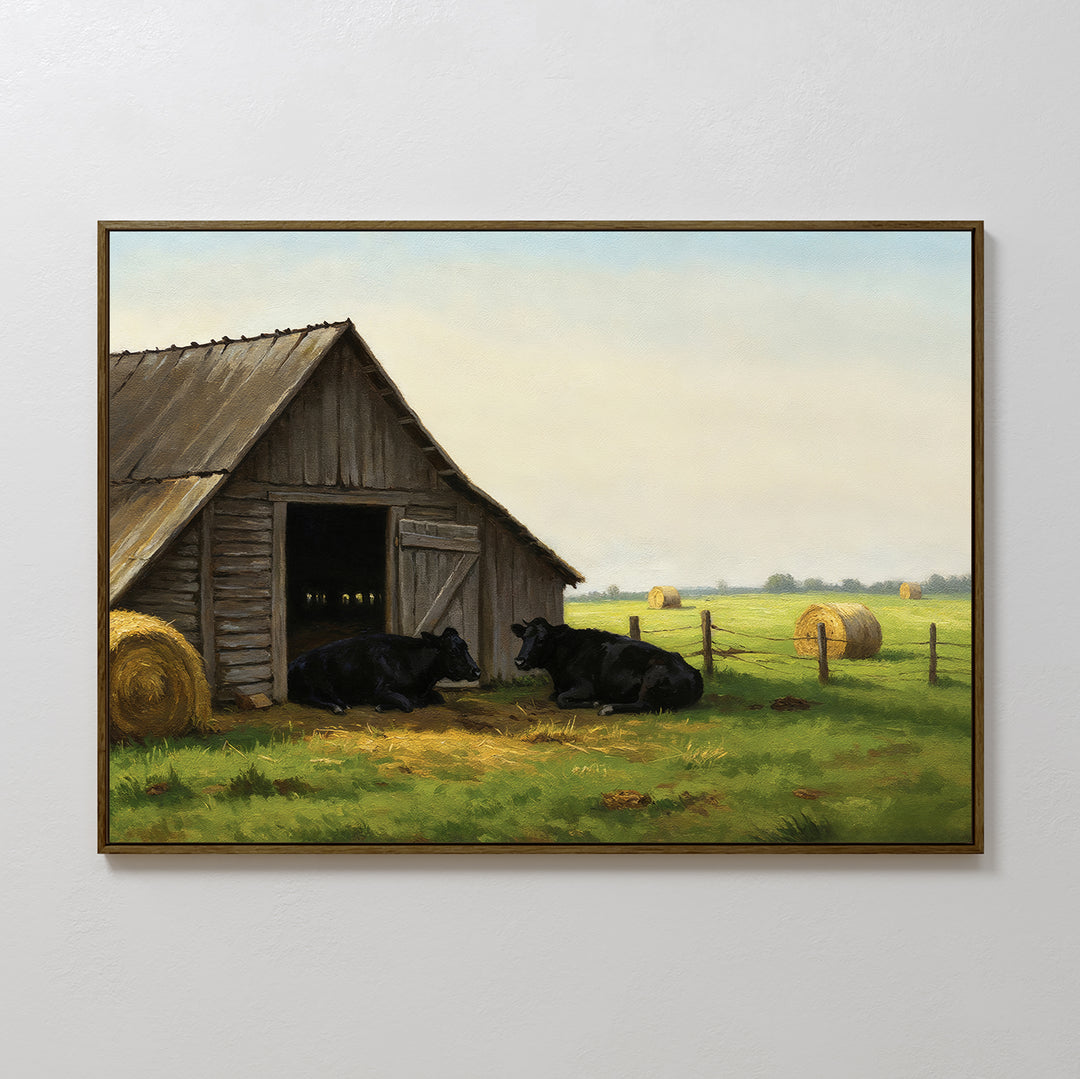 Barnside Rest Canvas Art features two black cows resting by a wooden barn in a green pasture with hay bales under a clear sky—ideal rustic wall art to warm up your living room. Framed and displayed on a white wall.