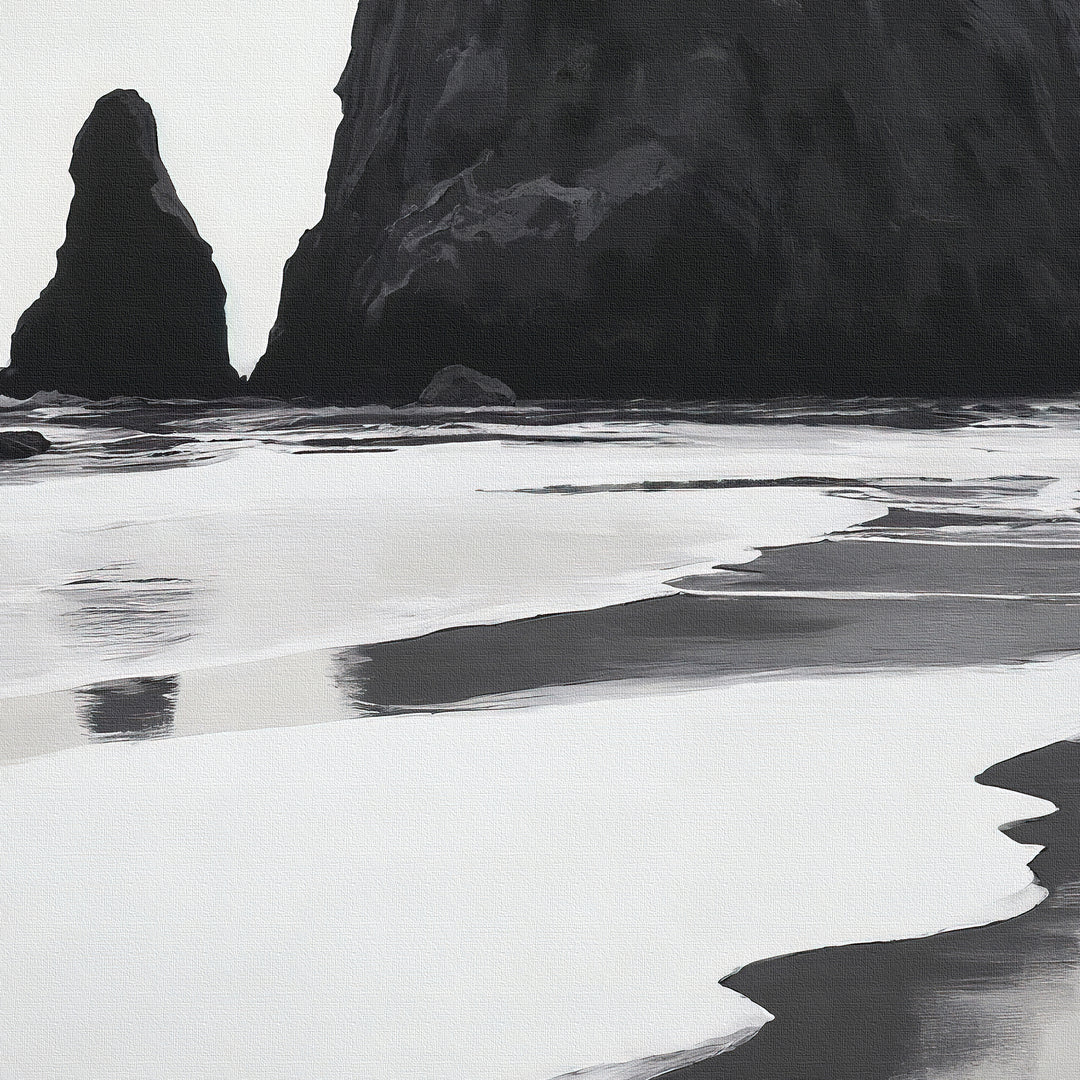 Basalt Beach Canvas Art features a grayscale image of wet sand reflecting dark sea stacks beneath an overcast sky, creating striking minimalist coastal wall art ideal for adding modern style to any bedroom.