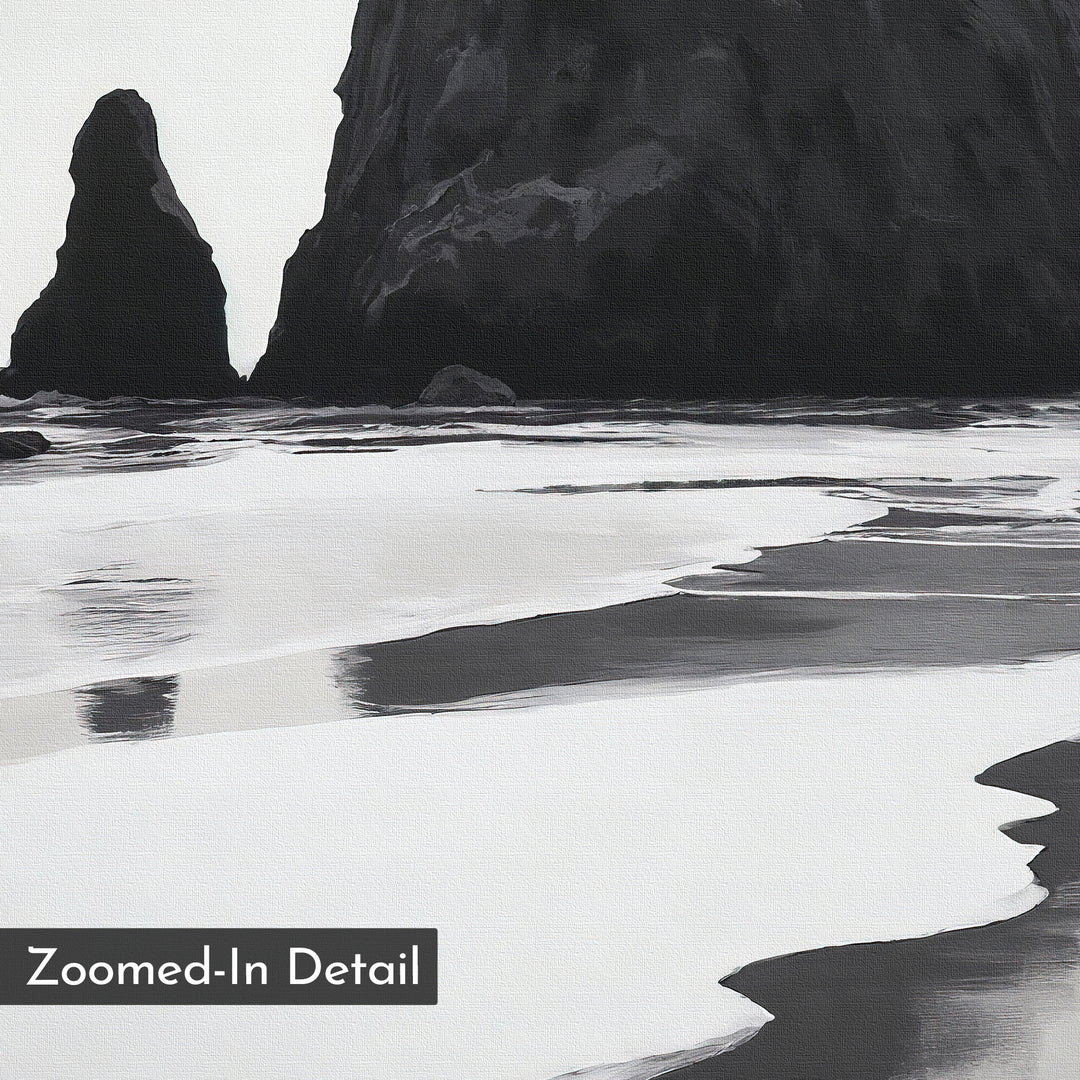 The Basalt Beach Canvas Art depicts striking coastal rock formations and their reflections on wet sand in black and white, ideal for minimalist coastal decor. A “Zoomed-In Detail” label appears at the bottom left.