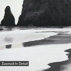 The Basalt Beach Canvas Art depicts striking coastal rock formations and their reflections on wet sand in black and white, ideal for minimalist coastal decor. A “Zoomed-In Detail” label appears at the bottom left.