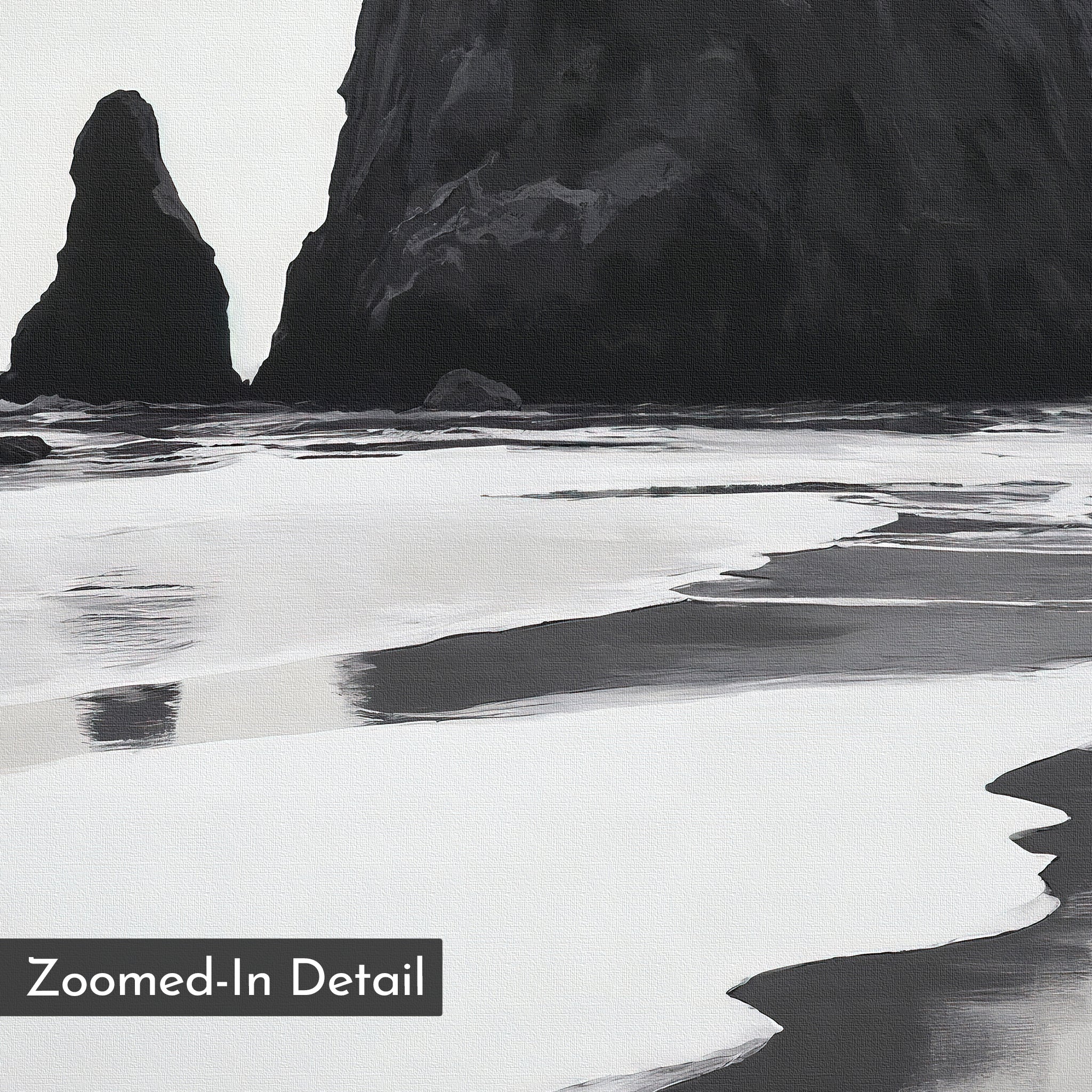 The Basalt Beach Canvas Art depicts striking coastal rock formations and their reflections on wet sand in black and white, ideal for minimalist coastal decor. A “Zoomed-In Detail” label appears at the bottom left.