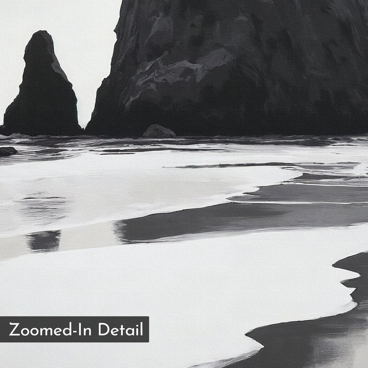 The Basalt Beach Canvas Art depicts striking coastal rock formations and their reflections on wet sand in black and white, ideal for minimalist coastal decor. A “Zoomed-In Detail” label appears at the bottom left.