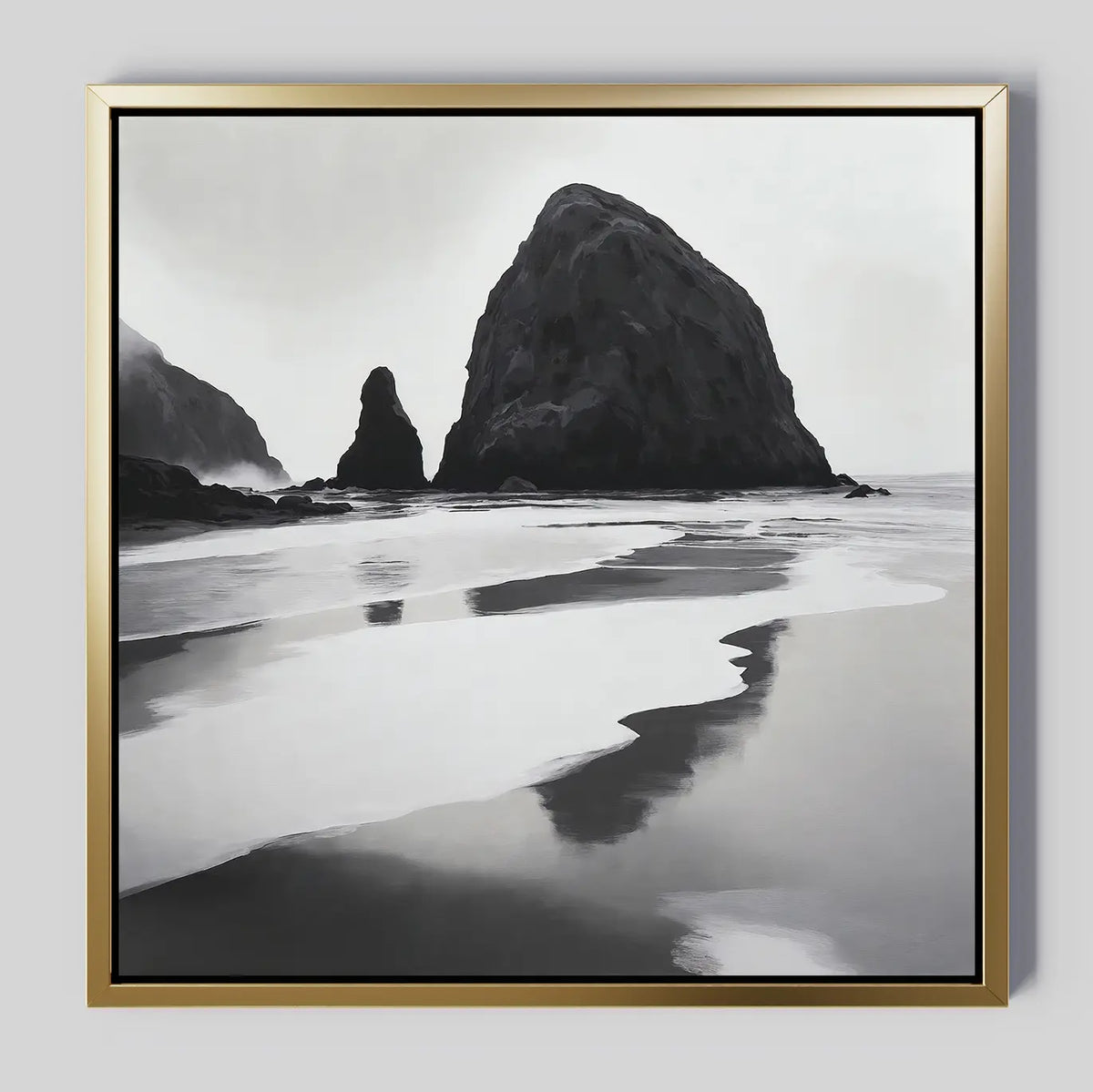 Basalt Beach Canvas Art features black-and-white framed photography of large rock formations reflected in wet sand under an overcast sky—ideal wall art for minimalist coastal décor.